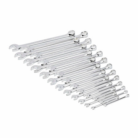 Polished chrome combination wrenches arranged in descending order by size; each wrench includes open-end and box-end design suitable for mechanical and automotive tasks