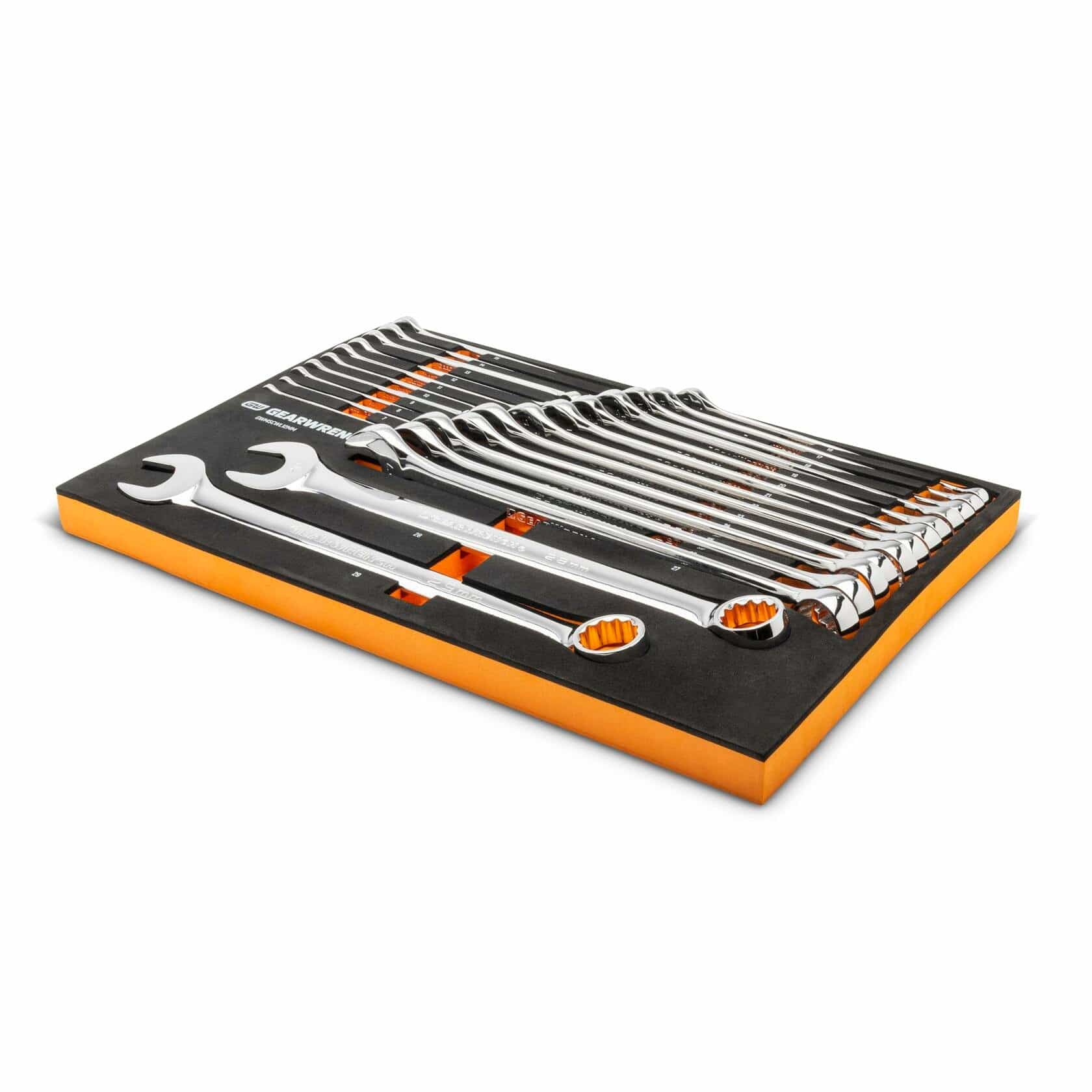 Set of combination wrenches organized in black foam tray with orange accents; wrenches arranged in ascending order with open-end and box-end visible for each tool.