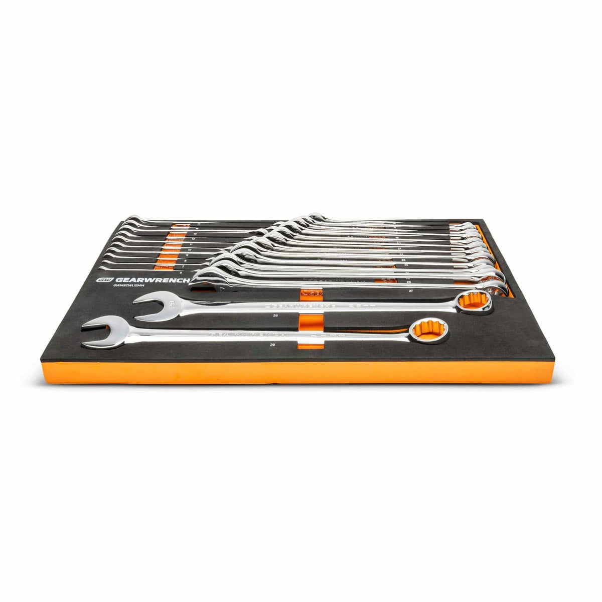 GEARWRENCH combination wrench set in foam tray with ratcheting box ends; wrenches arranged by size with orange accents for secure storage and quick identification.