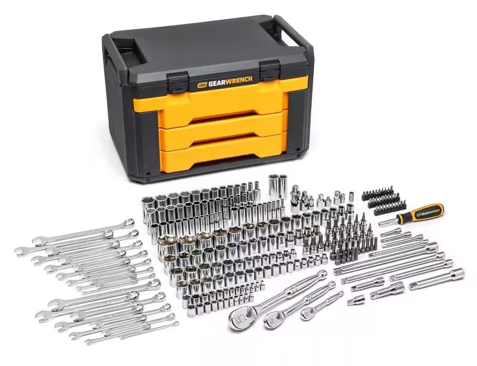 The complete 243-piece GEARWRENCH mechanics tool set laid out in front of the closed 3-drawer black and orange storage box.