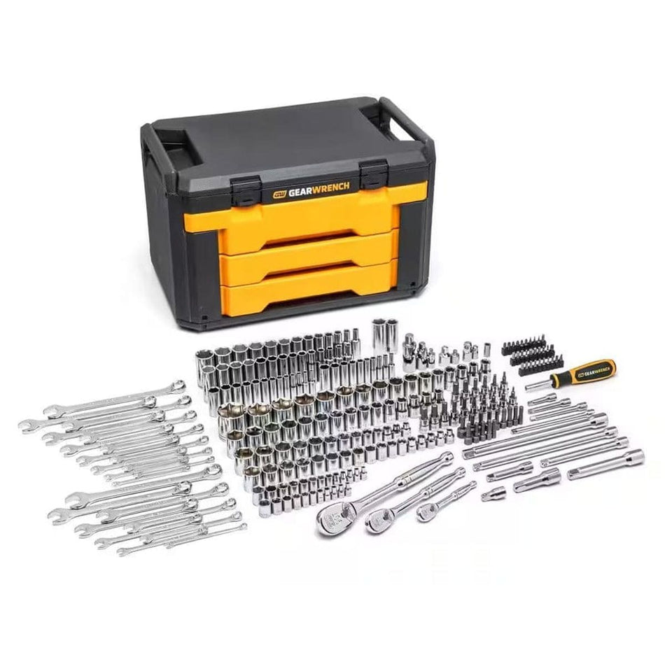 The complete 243-piece GEARWRENCH mechanics tool set laid out in front of the closed 3-drawer black and orange storage box.