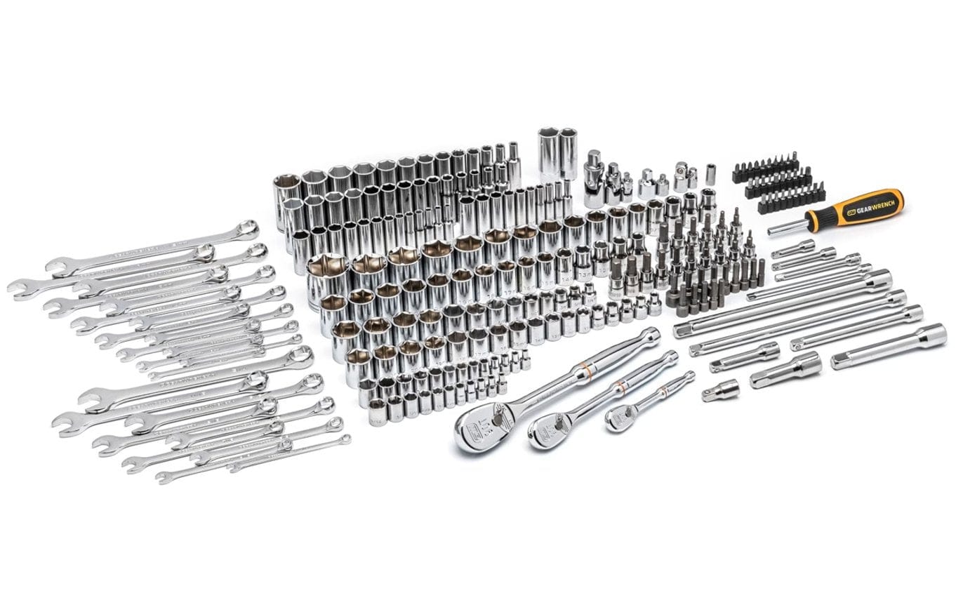 All 243 pieces of the GEARWRENCH 80966 mechanics tool set, including ratchets, sockets, wrenches, extensions, hex keys, and bits, laid out on a white background.