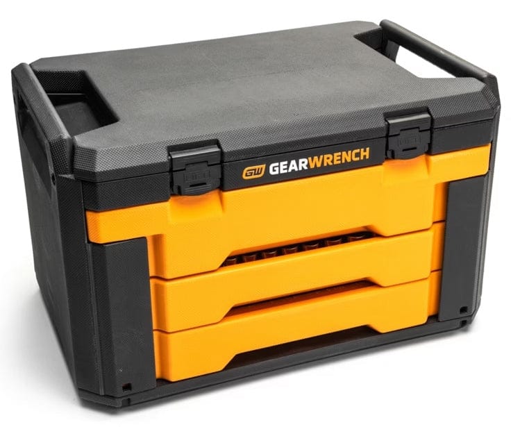 A studio shot of the black and orange 3-drawer GEARWRENCH storage box, model 80966, shown closed.