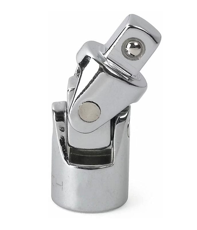 A close-up studio shot of a GEARWRENCH 3/8-inch drive universal joint with a full polish chrome finish.