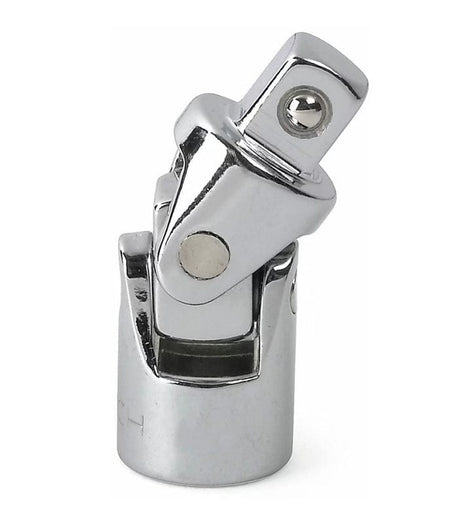 A close-up studio shot of a GEARWRENCH 3/8-inch drive universal joint with a full polish chrome finish.