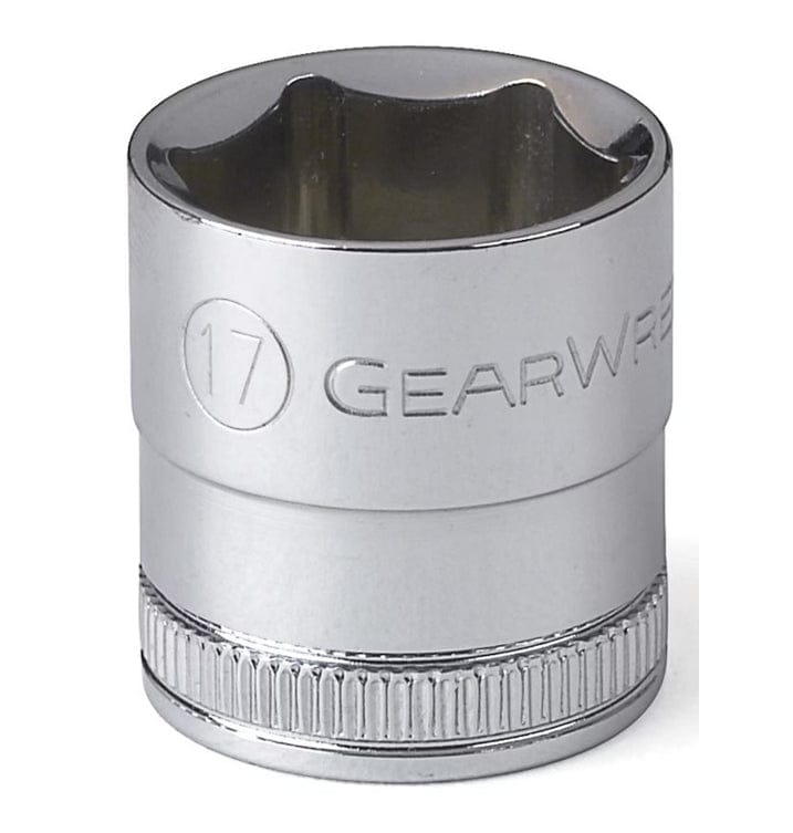 A close-up profile view of a GEARWRENCH 17mm 6-point standard socket with a full polish chrome finish.