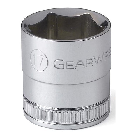 A close-up profile view of a GEARWRENCH 17mm 6-point standard socket with a full polish chrome finish.
