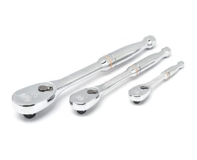 A studio shot of the three 90-tooth full polish chrome ratchets (1/4-inch, 3/8-inch, and 1/2-inch drive) from the GEARWRENCH 80966 set.