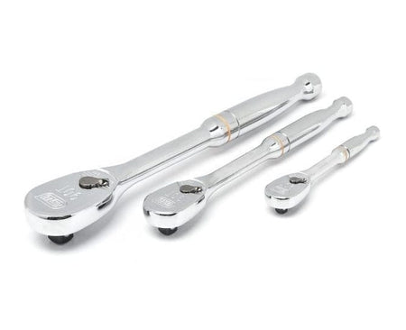 A studio shot of the three 90-tooth full polish chrome ratchets (1/4-inch, 3/8-inch, and 1/2-inch drive) from the GEARWRENCH 80966 set.
