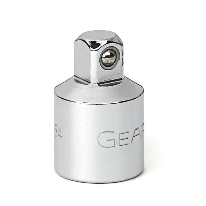 A close-up studio shot of a GEARWRENCH 3/8-inch female to 1/4-inch male drive adapter with a full polish chrome finish.