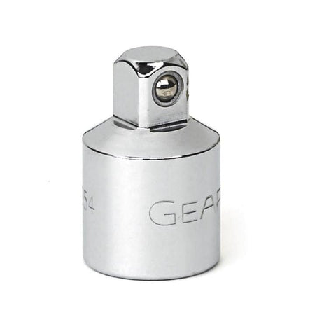 A close-up studio shot of a GEARWRENCH 3/8-inch female to 1/4-inch male drive adapter with a full polish chrome finish.