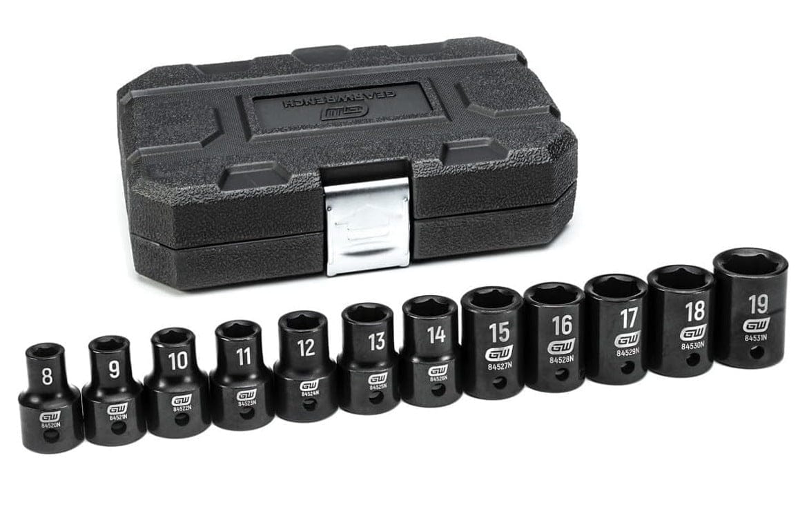 A row of 12 black metric impact sockets, from 8mm to 19mm, lined up in front of the closed black GEARWRENCH blow mold case.