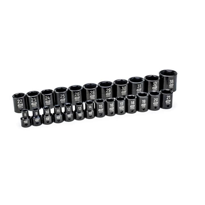 A studio shot of all 25 black metric impact sockets from the GEARWRENCH set, arranged in two rows from smallest to largest.