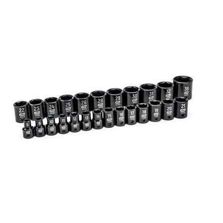A studio shot of all 25 black metric impact sockets from the GEARWRENCH set, arranged in two rows from smallest to largest.
