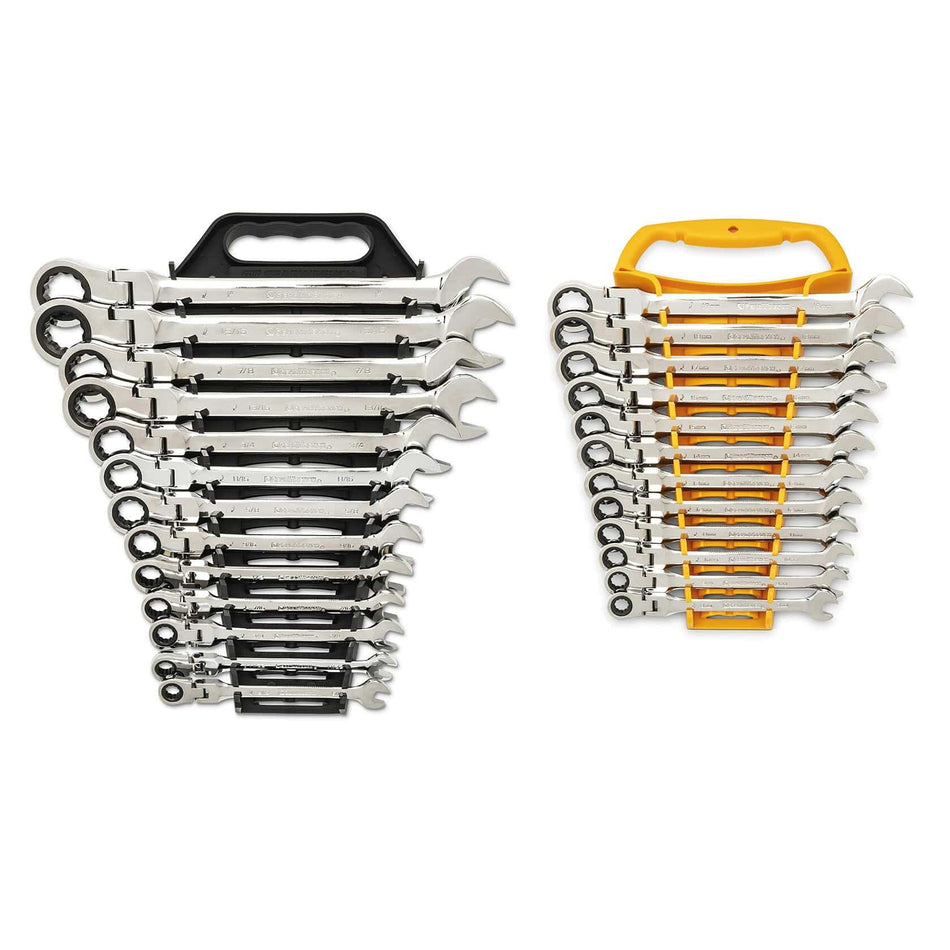 Two sets of combination wrenches in plastic holders. Left set features ratcheting box ends in a black holder; right set includes standard wrenches in a yellow holder. Organized by size for mechanical use.