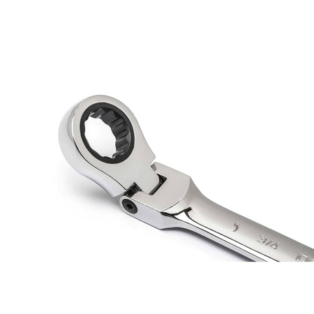 Close-up of a polished ratcheting box-end wrench labeled “3/8”. Features a toothed mechanism for directional fastening without removing the tool. Ideal for tight-space mechanical work.