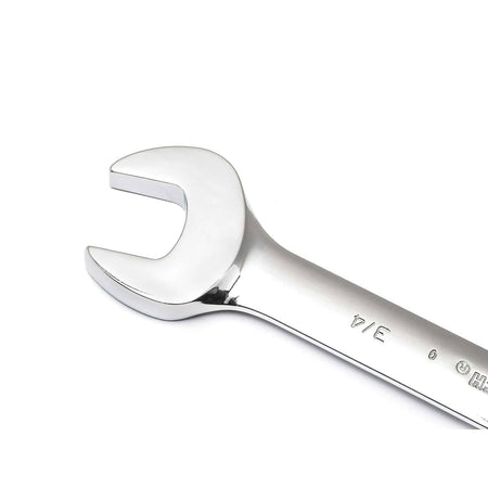 Close-up of a polished open-end wrench engraved with “3/4” and manufacturer markings. Designed for gripping and turning nuts or bolts in mechanical or construction tasks.