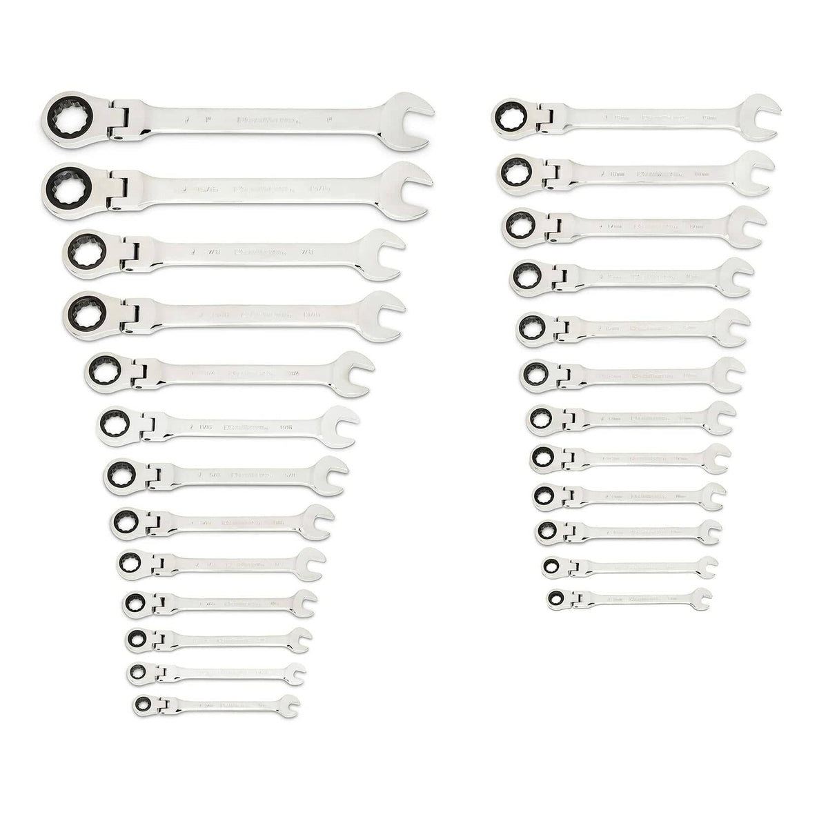 Comprehensive set of polished ratcheting combination wrenches arranged in two groups by size. Each wrench includes an open-end and ratcheting box-end. Designed for professional tool organization.