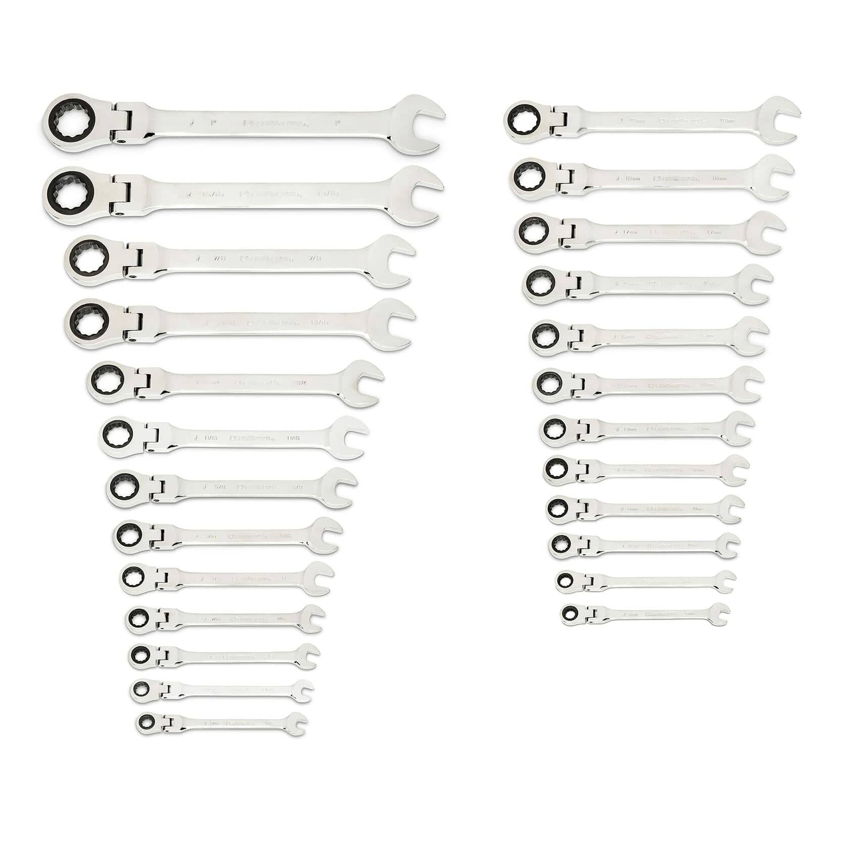 Comprehensive set of polished ratcheting combination wrenches arranged in two groups by size. Each wrench includes an open-end and ratcheting box-end. Designed for professional tool organization.