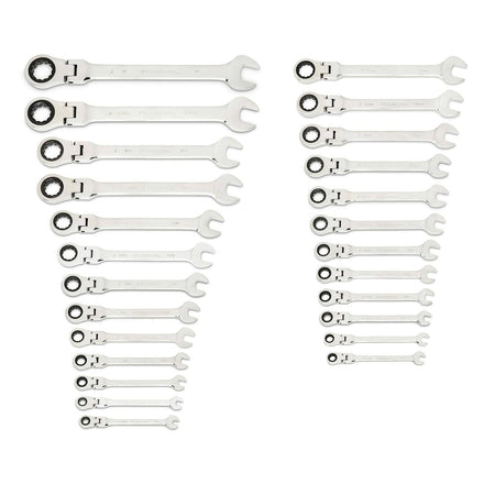 Comprehensive set of polished ratcheting combination wrenches arranged in two groups by size. Each wrench includes an open-end and ratcheting box-end. Designed for professional tool organization.