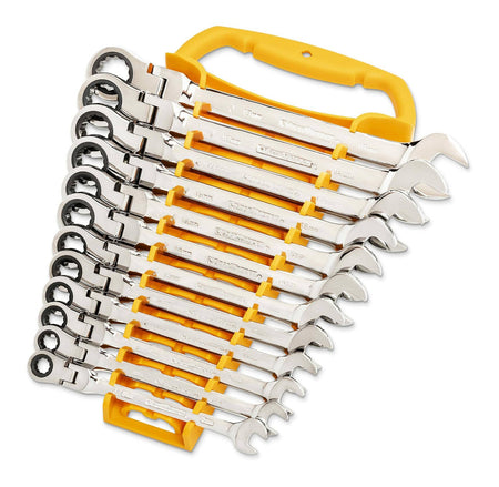 Set of twelve ratcheting combination wrenches stored in a yellow plastic holder with handle. Wrenches range from 8mm to 19mm and feature open-end and flex head ratcheting box-end designs.
