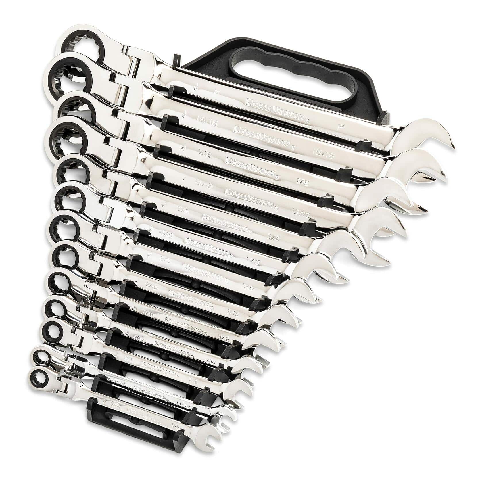 GEARWRENCH ratcheting combination wrench set organized in a black plastic holder with carrying handle. Wrenches range from large to small sizes and feature open-end and ratcheting box-end head