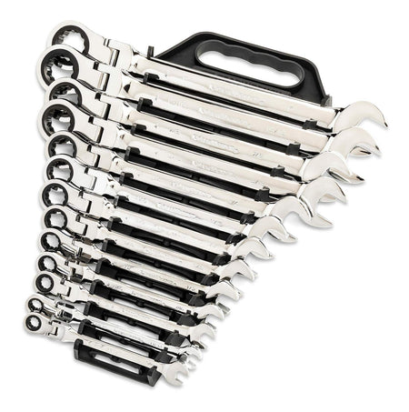 GEARWRENCH ratcheting combination wrench set organized in a black plastic holder with carrying handle. Wrenches range from large to small sizes and feature open-end and ratcheting box-end head