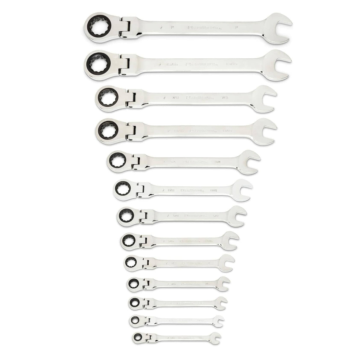 Twelve polished ratcheting combination wrenches laid out in descending size order. Each tool includes an open-end and a ratcheting box-end for efficient fastening. Designed for tight-space mechanical applications.