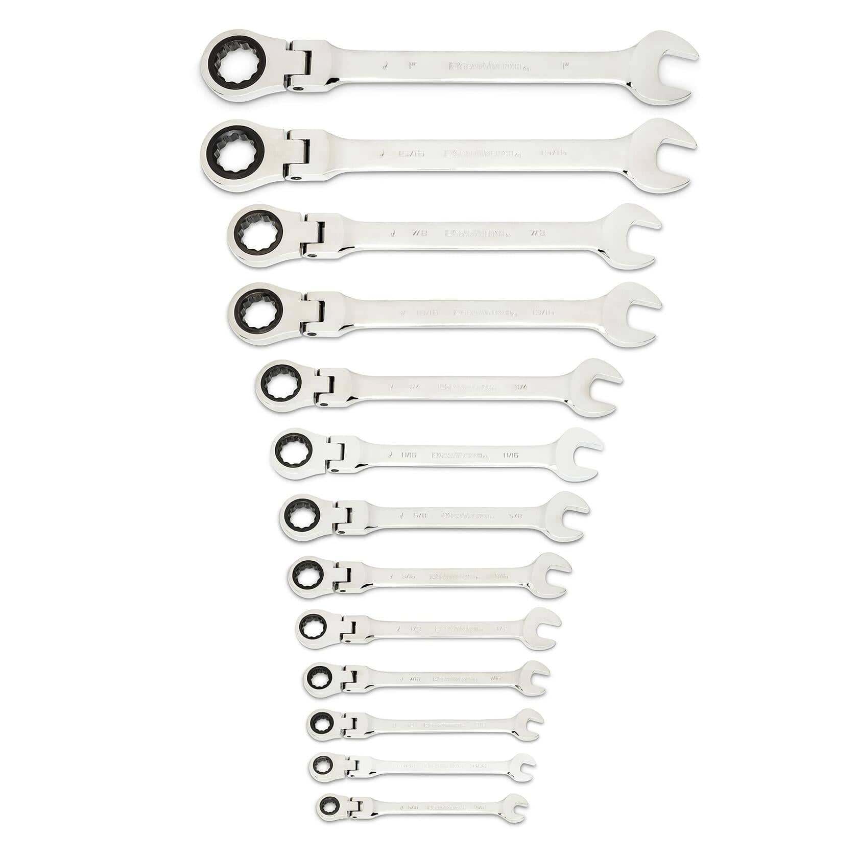 Twelve polished ratcheting combination wrenches laid out in descending size order. Each tool includes an open-end and a ratcheting box-end for efficient fastening. Designed for tight-space mechanical applications.