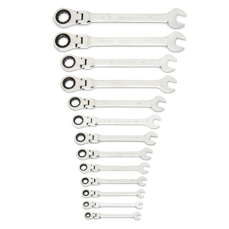 Twelve polished ratcheting combination wrenches laid out in descending size order. Each tool includes an open-end and a ratcheting box-end for efficient fastening. Designed for tight-space mechanical applications.