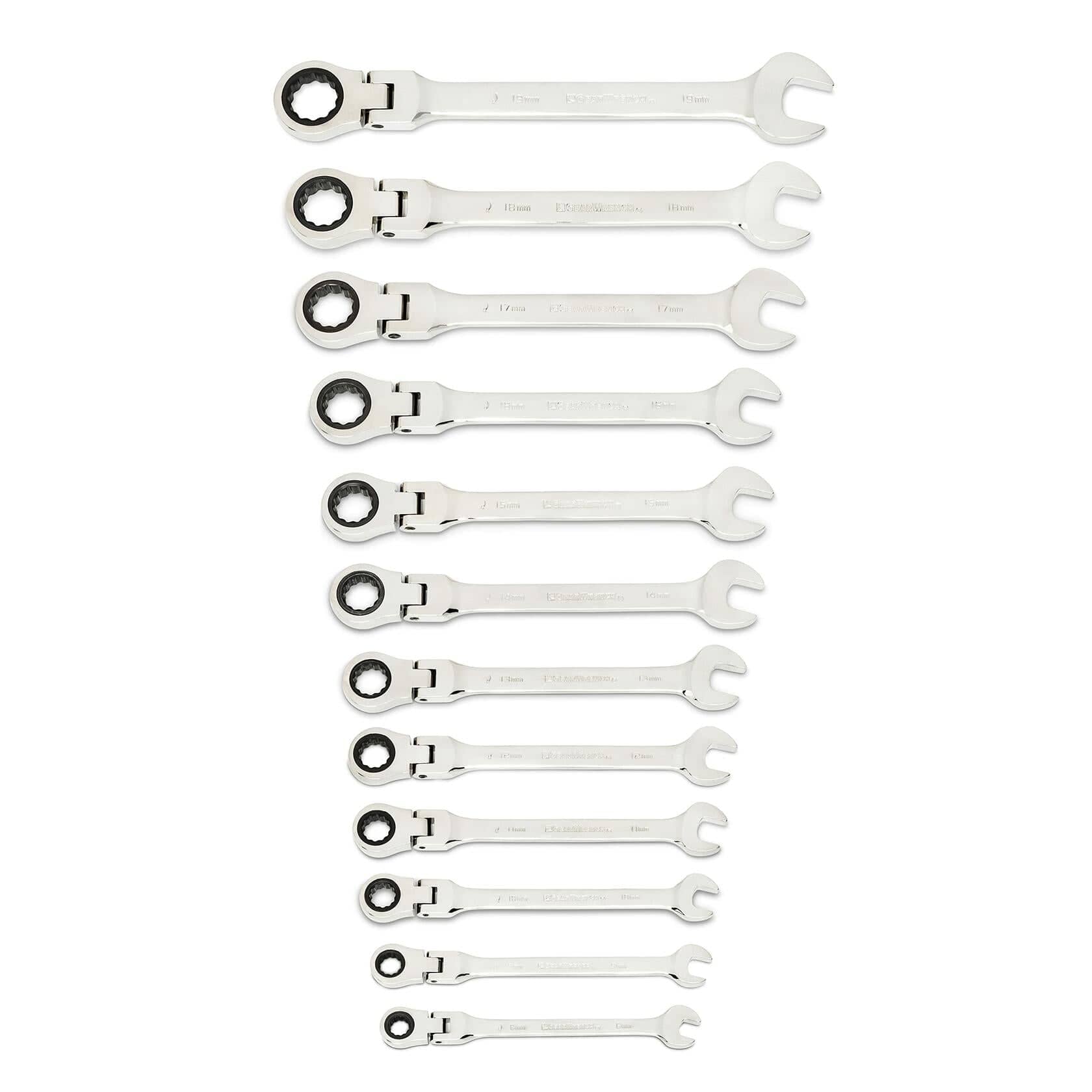 Set of twelve polished chrome ratcheting combination wrenches arranged by size from 19mm to 8mm. Each wrench features an open-end and a flex head ratcheting box-end. Ideal for automotive and mechanical work.