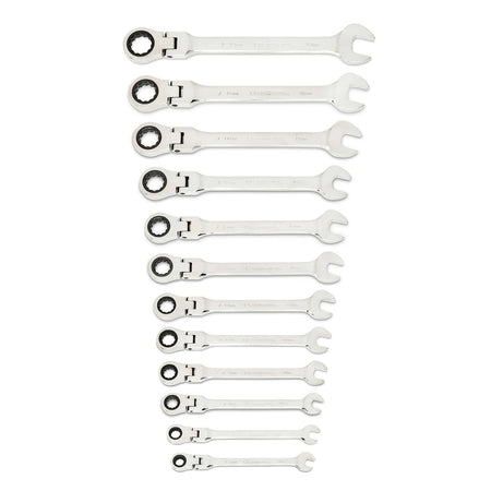 Set of twelve polished chrome ratcheting combination wrenches arranged by size from 19mm to 8mm. Each wrench features an open-end and a flex head ratcheting box-end. Ideal for automotive and mechanical work.