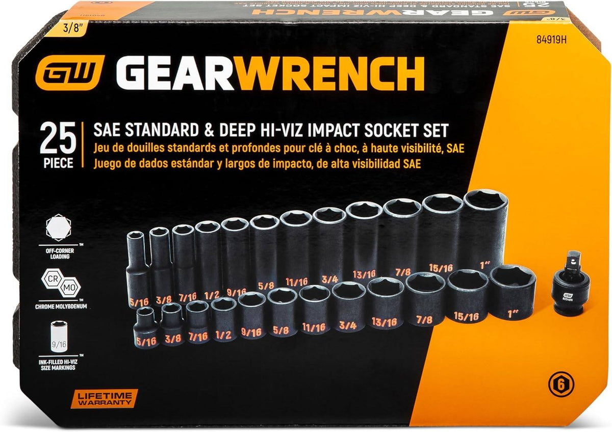 The front-facing retail packaging for the GEARWRENCH 84919H 25-piece SAE standard and deep impact socket set, emphasizing the Hi-Viz technology, Cr-Mo construction, and professional lifetime warranty.