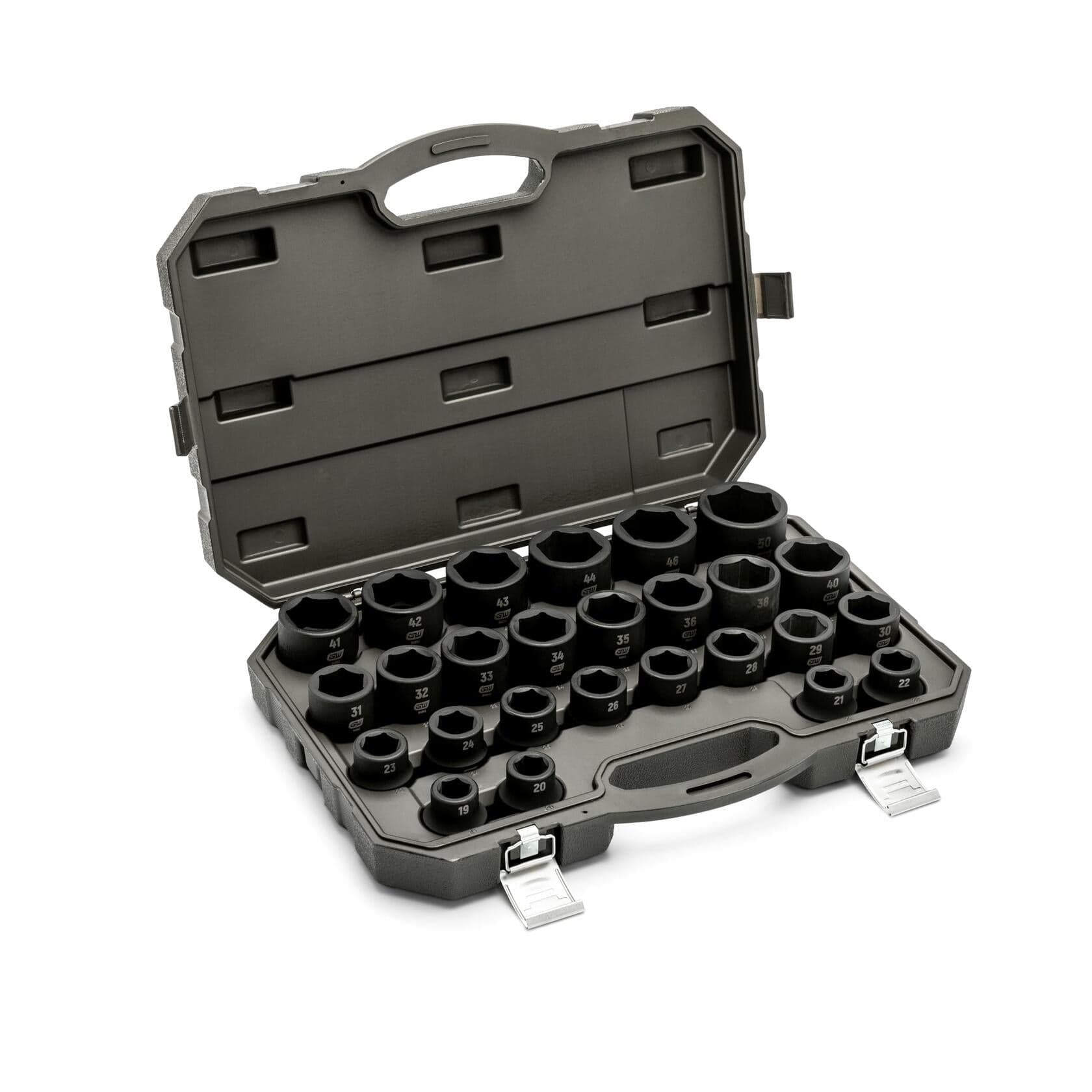 Open black plastic carrying case displaying a full set of impact sockets organized in rows. Each socket is labeled with its size in white text. Case includes metal latches and a top handle for portability and protection.