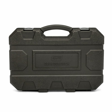 Black hard plastic GEARWRENCH carrying case with textured surface, reinforced corners, and metal clasps. Embossed brand logo on the front. Designed for secure storage and transport of impact socket sets.