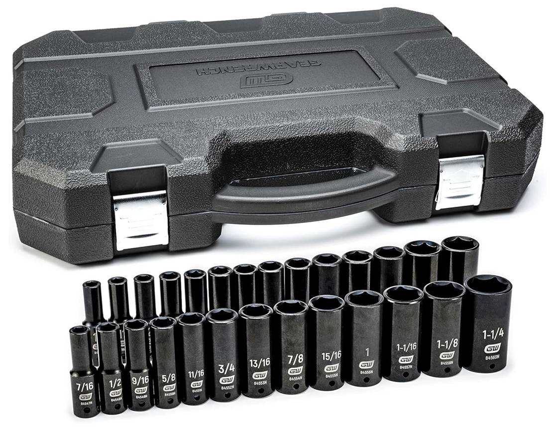 The complete GEARWRENCH 27-piece 1/2-inch drive deep impact socket set (84949N), with all SAE and Metric sockets arranged in two rows in front of the closed black blow-molded case.