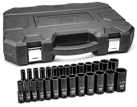 The complete GEARWRENCH 27-piece 1/2-inch drive deep impact socket set (84949N), with all SAE and Metric sockets arranged in two rows in front of the closed black blow-molded case.