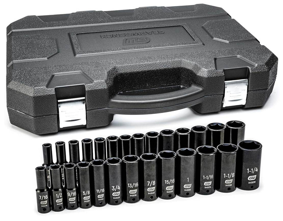 The complete GEARWRENCH 27-piece 1/2-inch drive deep impact socket set (84949N), with all SAE and Metric sockets arranged in two rows in front of the closed black blow-molded case.