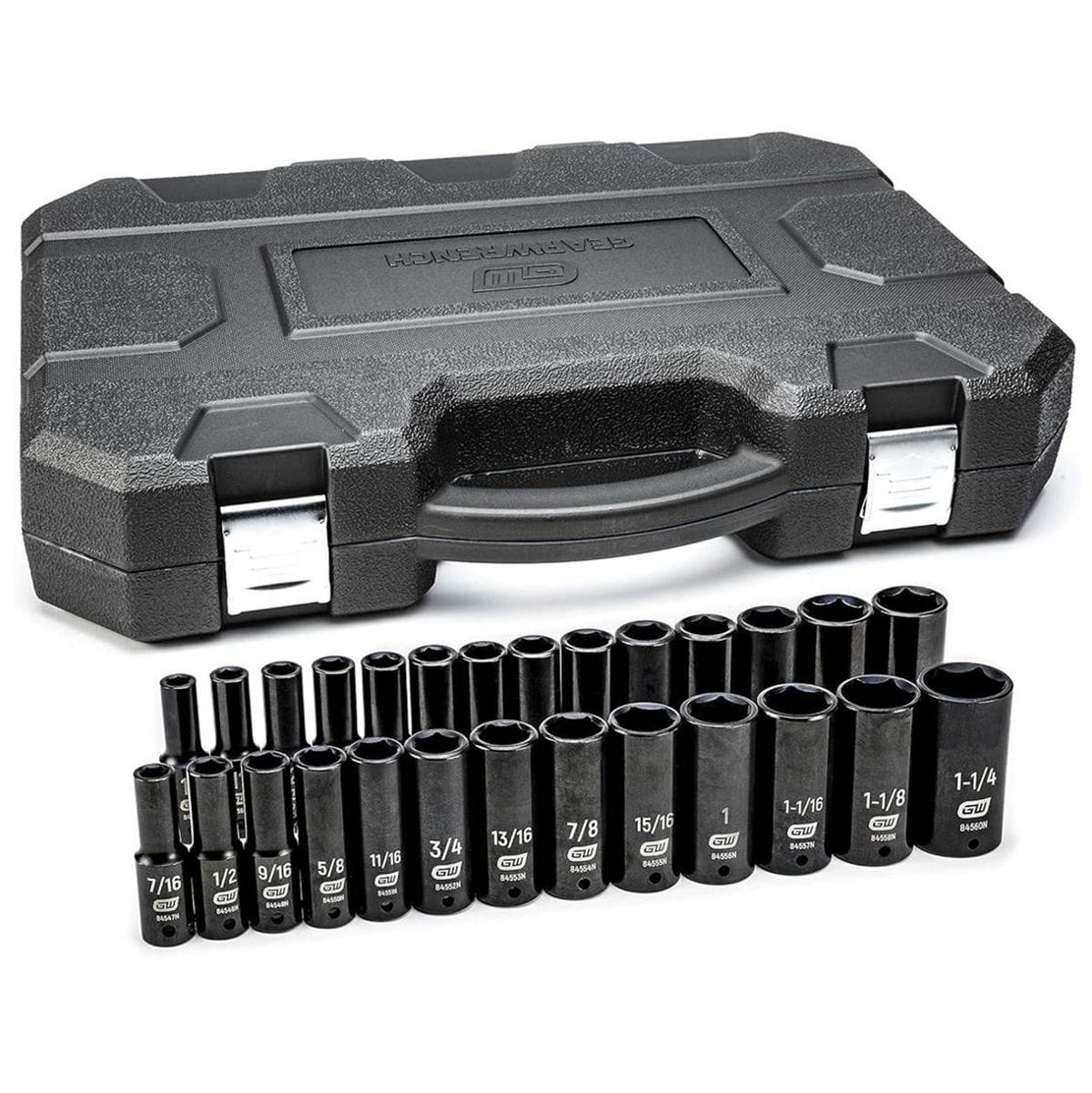 The complete GEARWRENCH 27-piece 1/2-inch drive deep impact socket set (84949N), with all SAE and Metric sockets arranged in two rows in front of the closed black blow-molded case.
