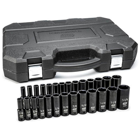 The complete GEARWRENCH 27-piece 1/2-inch drive deep impact socket set (84949N), with all SAE and Metric sockets arranged in two rows in front of the closed black blow-molded case.