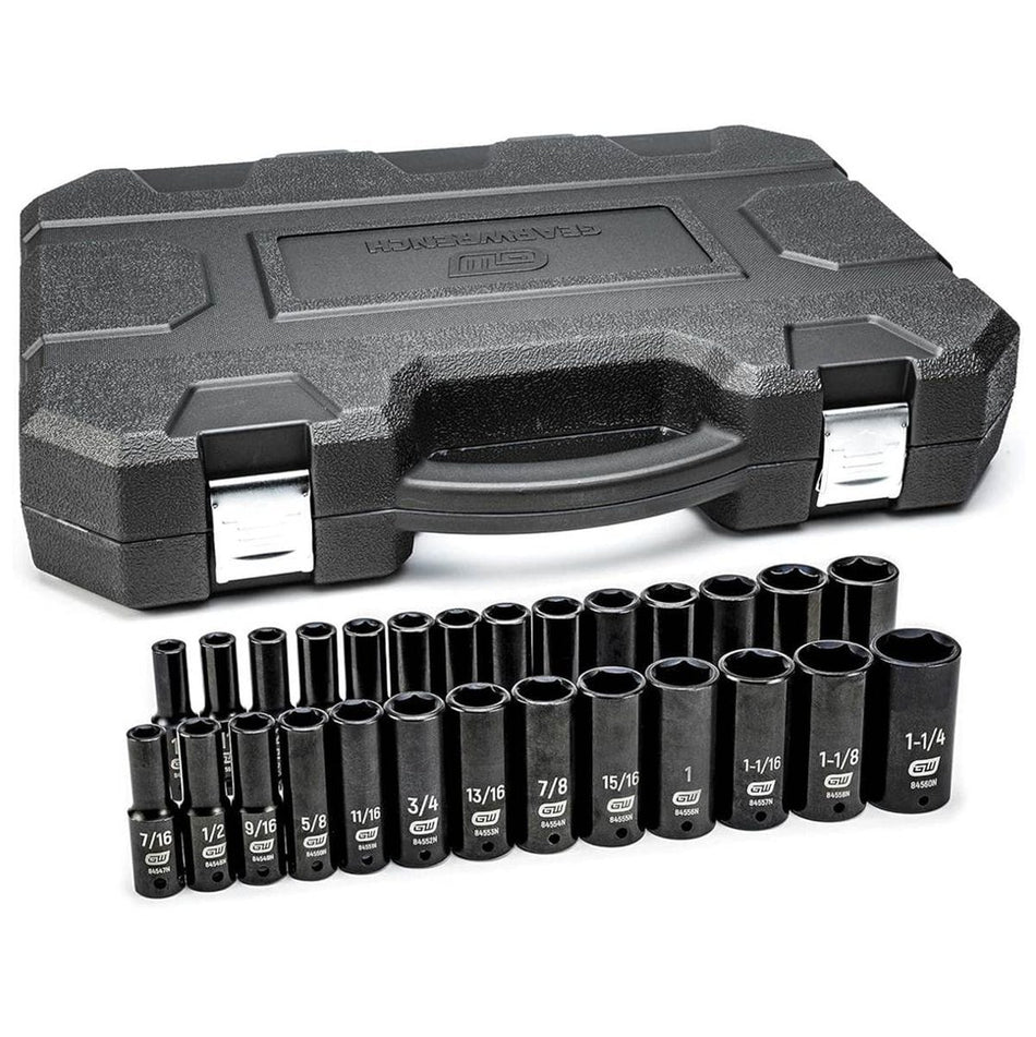 The complete GEARWRENCH 27-piece 1/2-inch drive deep impact socket set (84949N), with all SAE and Metric sockets arranged in two rows in front of the closed black blow-molded case.