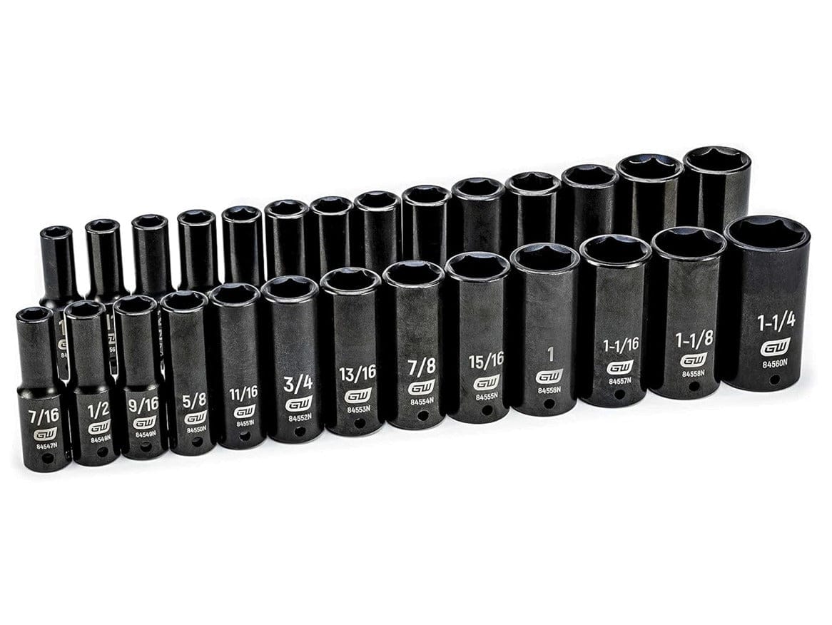 A lineup of the 13 SAE deep impact sockets from the GEARWRENCH 84949N set, ranging in size from 7/16-inch to 1-1/4-inch, isolated on a white background.