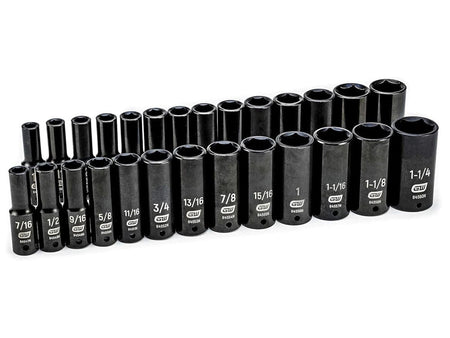 A lineup of the 13 SAE deep impact sockets from the GEARWRENCH 84949N set, ranging in size from 7/16-inch to 1-1/4-inch, isolated on a white background.