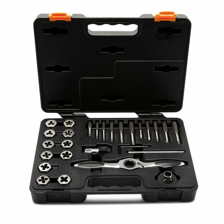 Tap and die set organized in a black plastic case with orange latches. Includes 10 round dies, 10 taps, a T-handle tap wrench, die stock handle, screwdriver, and small cylindrical component. Designed for cutting internal and external threads in metalworking.