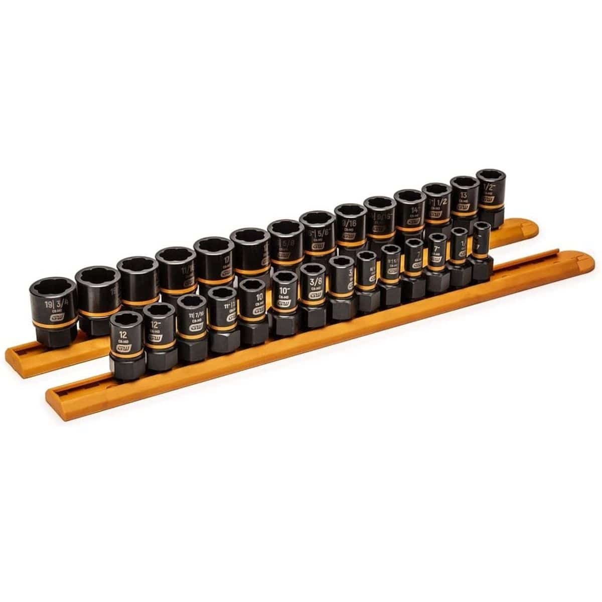 This is a photograph of 28 black sockets with orange bands, arranged in order of size on two light-colored wooden rails. The sockets are designed for removing damaged bolts and nuts and feature various metric and SAE measurements.