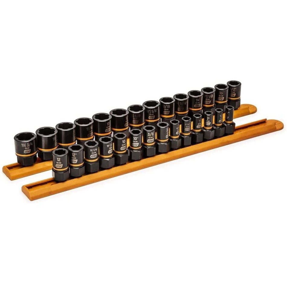 This is a photograph of 28 black sockets with orange bands, arranged in order of size on two light-colored wooden rails. The sockets are designed for removing damaged bolts and nuts and feature various metric and SAE measurements.