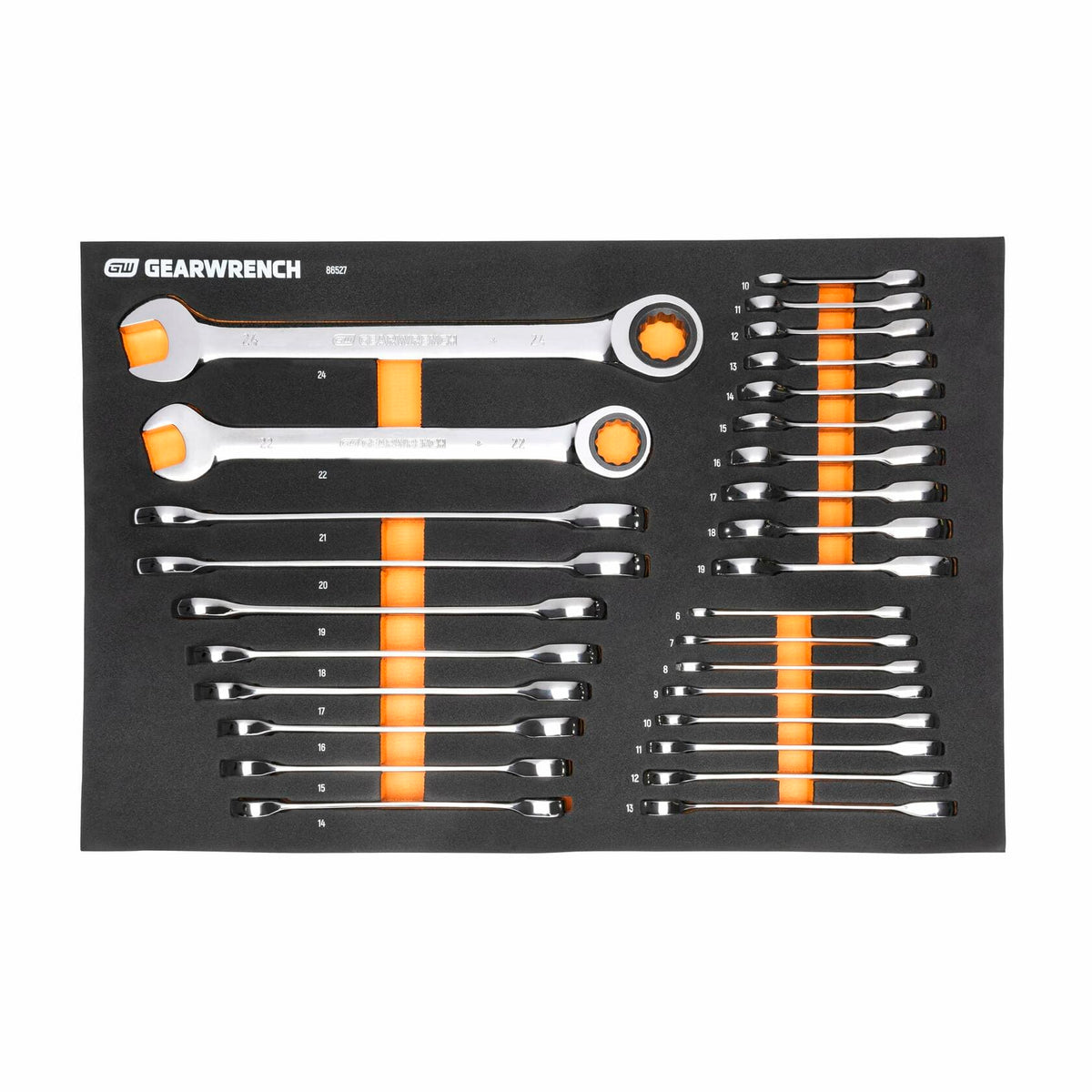 A GEARWRENCH foam tray holds a mix of ratcheting and combination wrenches. The left side features ratcheting wrenches with orange gear mechanisms, while the right side displays standard wrenches in labeled slots.