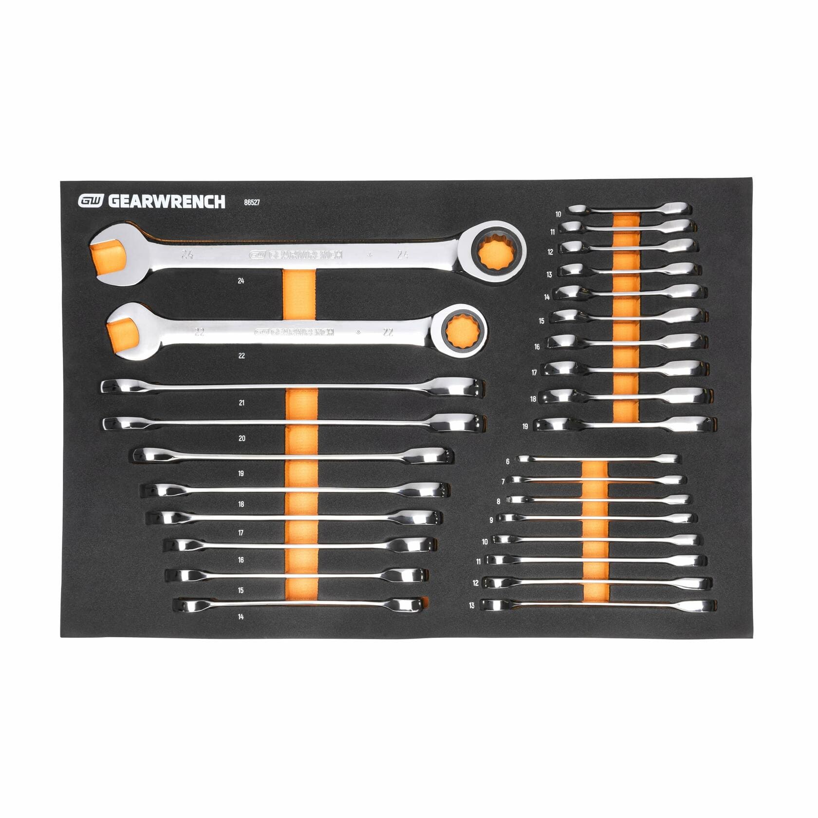 A GEARWRENCH foam tray holds a mix of ratcheting and combination wrenches. The left side features ratcheting wrenches with orange gear mechanisms, while the right side displays standard wrenches in labeled slots.
