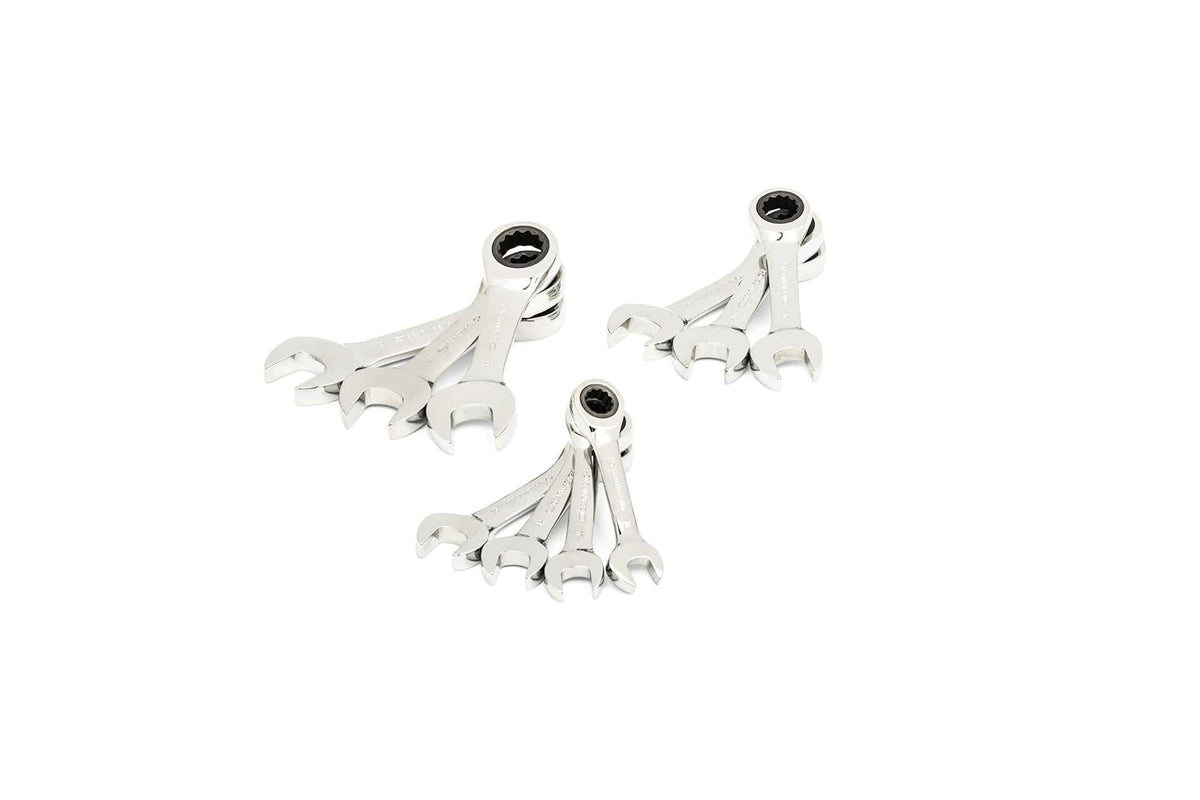 Three sets of polished ratcheting combination wrenches are displayed in fan-like patterns. Each wrench includes an open-end and a ratcheting box-end, designed for mechanical, automotive, or home repair tasks.