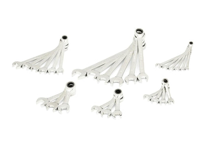 Multiple groups of polished ratcheting combination wrenches are arranged in fan-like layouts. Each wrench has an open-end and a ratcheting box-end, organized by size for mechanical or automotive use.